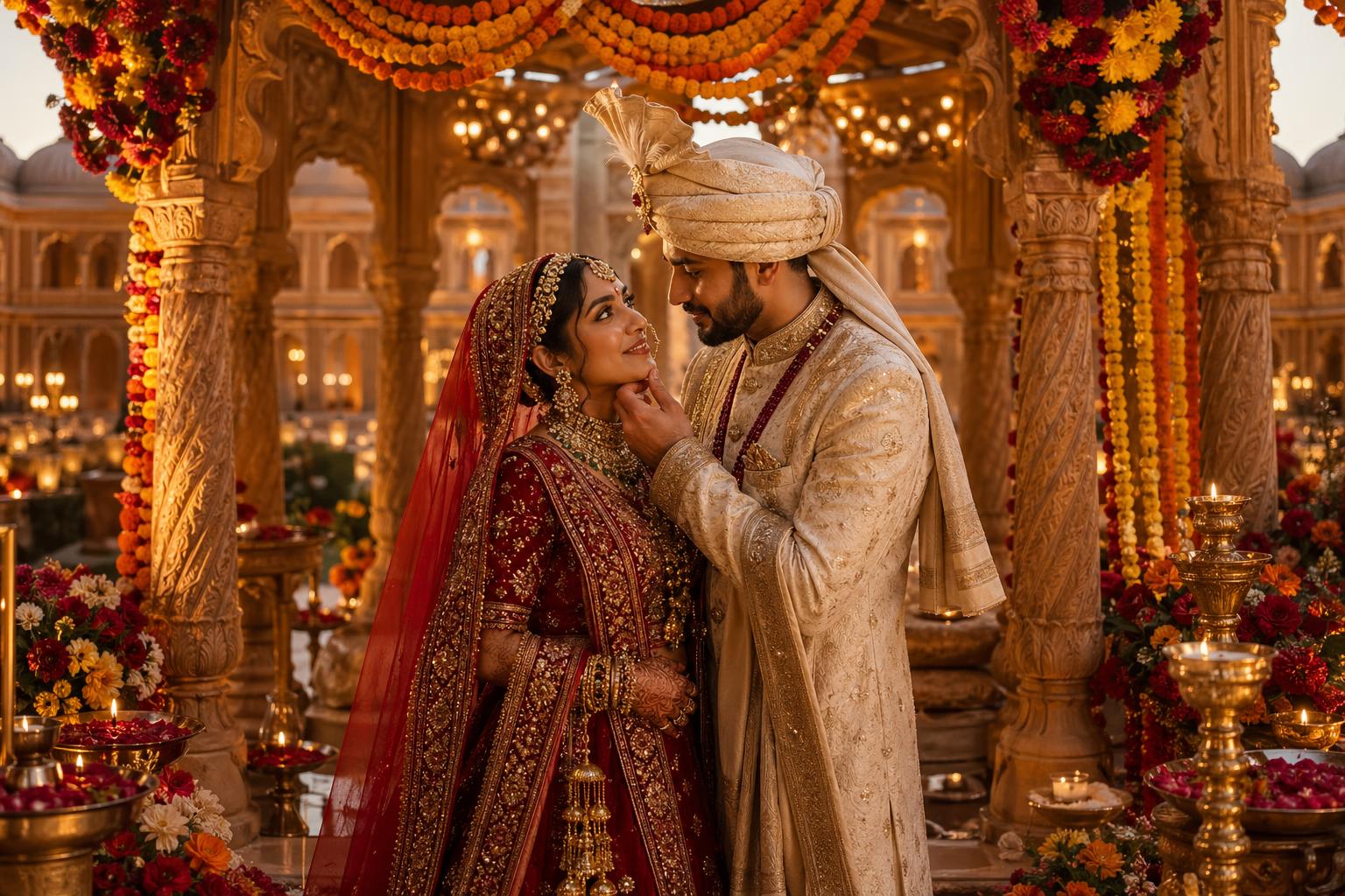Elegant wedding couple in cinematic golden light